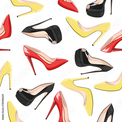 Seamless pattern of women's high-heeled shoes red, yellow, black on a white background. Vector pattern of women's shoes.