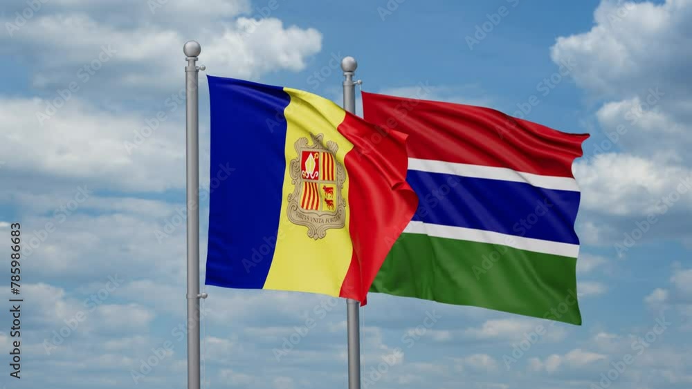 Gambia and Andorra two flags waving together, looped video, two country relations concept Gambia and Andorra two flags waving together, looped video, two country relations concept