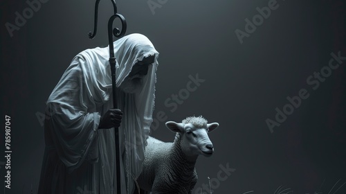 a pure white lamb standing next to a biblical looking shepherd in a white rob holding a staff,  ead idul adha, generative ai photo