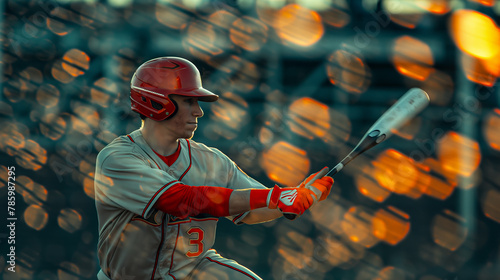 A man in a baseball uniform swinging a bat, with a bokeh light background, capturing the essence of sport. Generative AI