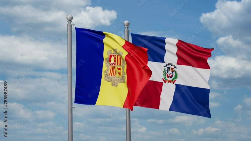 Dominican Republic and Andorra two flags waving together, looped video, two country relations concept Dominican Republic and Andorra two flags waving together, looped video, two country relations concept