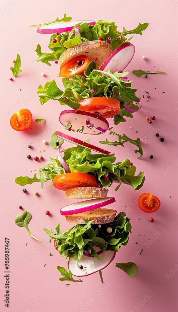 Fresh salad ingredients arugula, lettuce, radish, and tomato on pink background Fresh salad ingredients arugula, lettuce, radish, and tomato on pink background