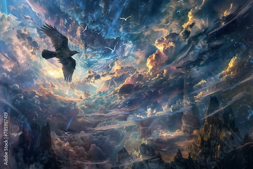  rendering of a fantasy landscape with a raven flying in the sky