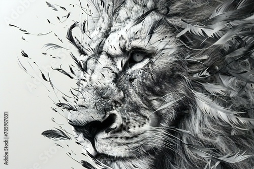 Lion head with feathers on white background, monochrome picture