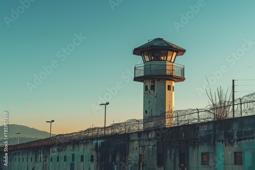 Within the prison grounds, a solitary guard watchtower stands as a sentinel overlooking the area, copy space
