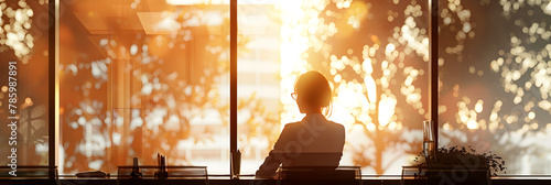  Businesswoman sitting in front of the office room window and the sun shining to the building and other side background , A woman sits at a desk in a conference room with a view of the city sky  photo