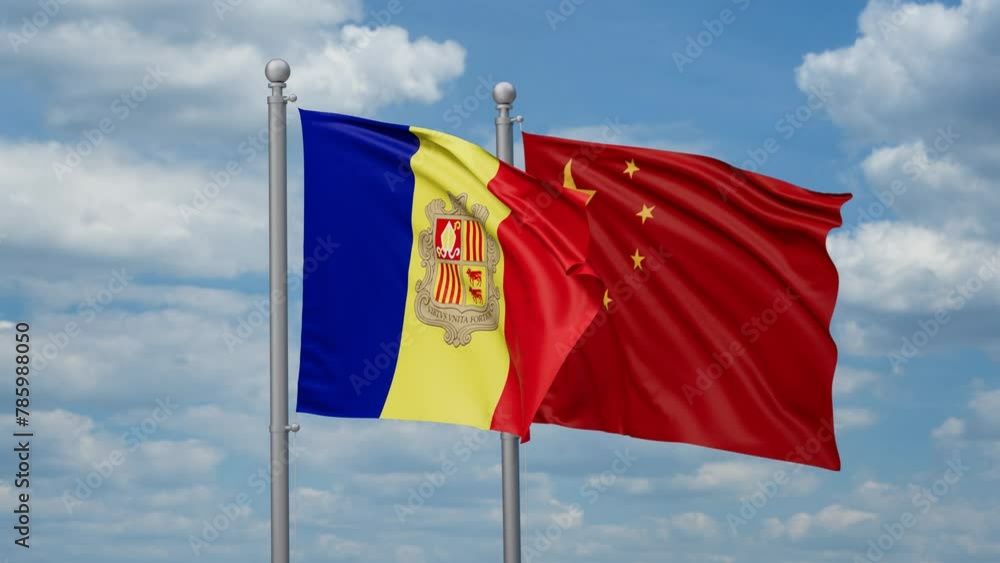 China and Andorra two flags waving together, looped video, two country relations concept China and Andorra two flags waving together, looped video, two country relations concept