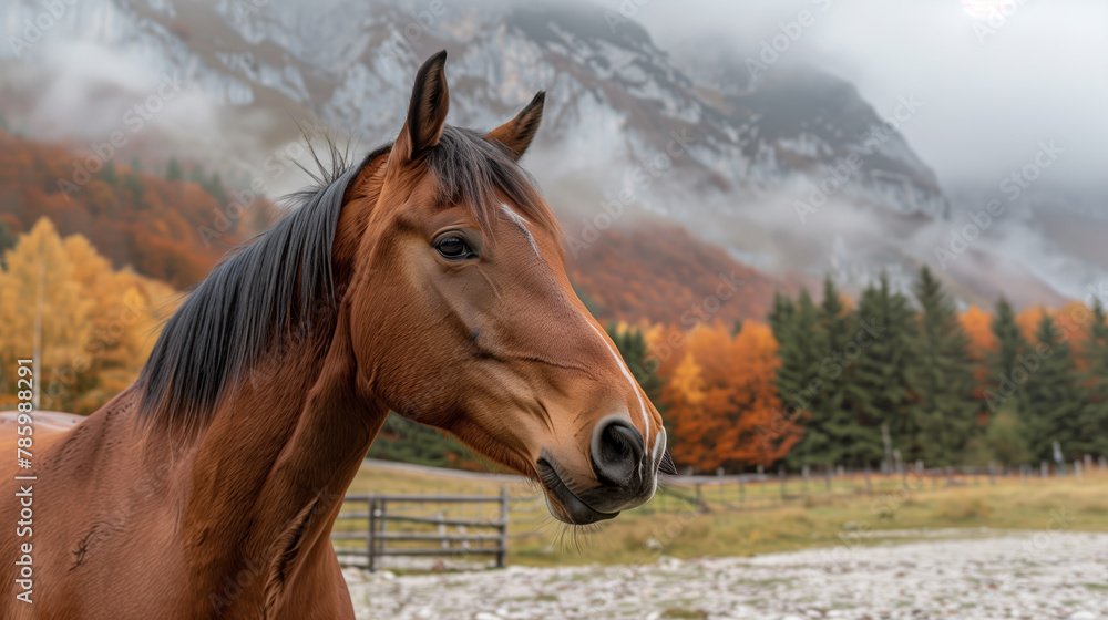 Fototapeta premium A brown horse in foreground with autumn trees and mountainous background, evoking a serene natural setting. Generative AI