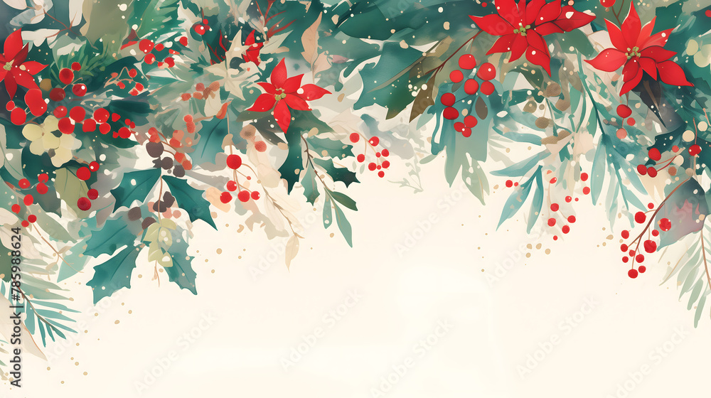 Fototapeta premium Watercolor Christmas card border with winter foliage, holly berry, poinsettia christmas star flower. Simple art design, Copy space for text.