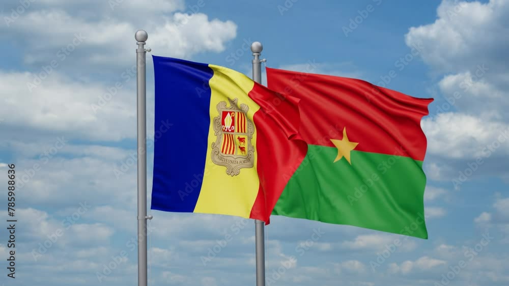 Burkina Faso and Andorra two flags waving together, looped video, two country relations concept Burkina Faso and Andorra two flags waving together, looped video, two country relations concept