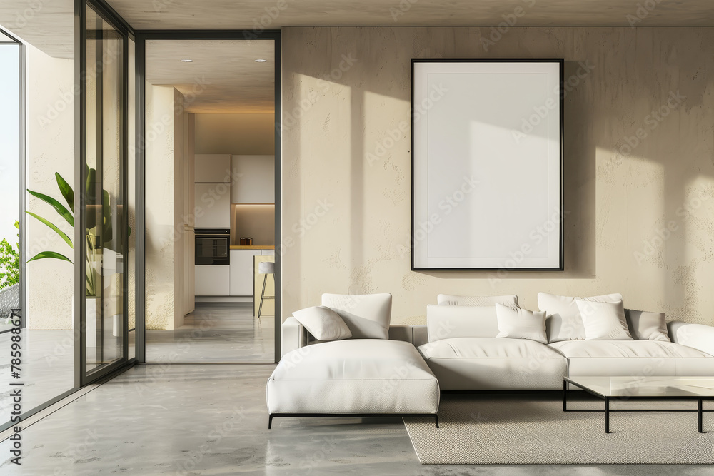 Obraz premium A modern living room with a white sofa, coffee table, and blank poster on the wall in a bright interior, Generative AI.