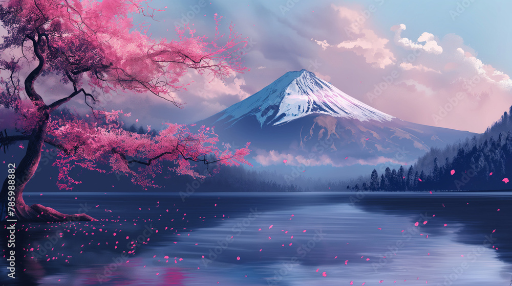 Sakura flower lake and fuji mountain