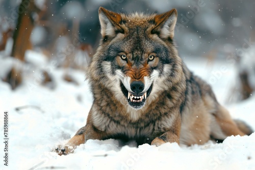 Wild wolf in the winter forest   Canis lupus