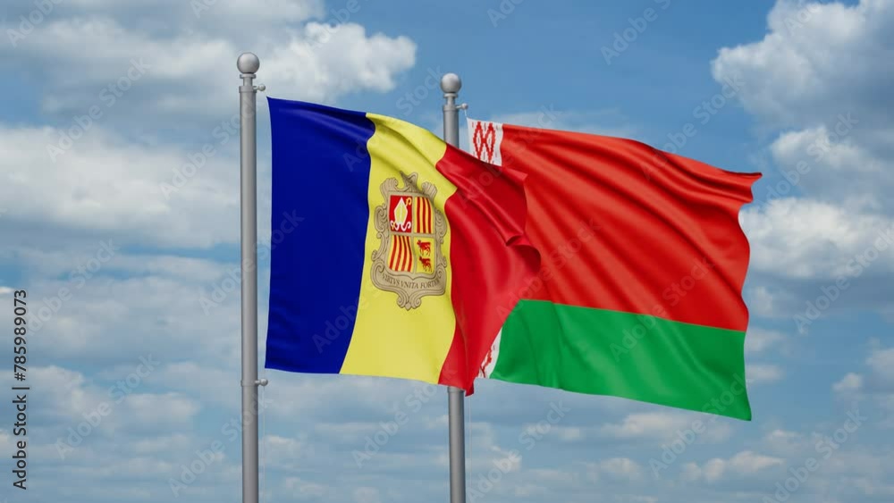 Belarus and Andorra two flags waving together, looped video, two country cooperation concept Belarus and Andorra two flags waving together, looped video, two country cooperation concept