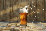 Glass of beer with splashes and drops on a wooden background