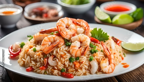 Seafood Tom Yum Fried Rice, Stir fried rice with shrimp and squid with chilli sauce on white plate
