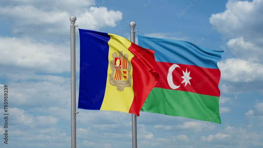 Azerbaijan and Andorra two flags waving together, looped video, two country cooperation concept Azerbaijan and Andorra two flags waving together, looped video, two country cooperation concept