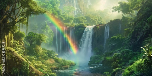 A vibrant tropical rainforest waterfall is captured, with a rainbow forming in the mist against the lush greenery