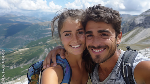 A happy young couple taking a selfie while hiking in the mountains, with a scenic landscape in the background. Generative AI