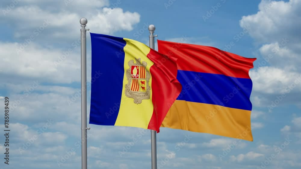 Armenia and Andorra two flags waving together, looped video, two country cooperation concept