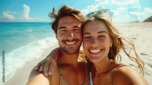 A happy young couple taking a selfie on the beach, capturing a vacation moment with a bright, sunny background. Generative AI
