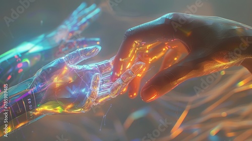 Two hands are touching each other in a glowing, metallic, futuristic setting #785989485