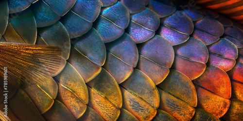 Vibrant close-up showcasing the iridescent colors and patterns of fish scales with artistic flair