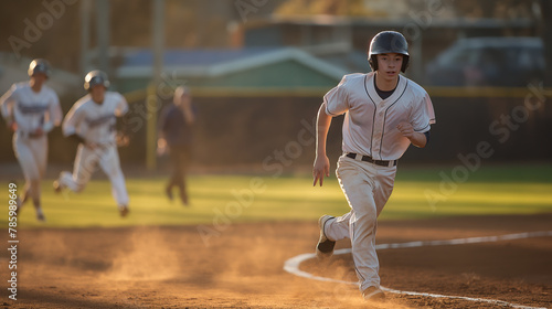 A young man running on a dusty baseball diamond with players in the background, warm sunset lighting, encapsulating the essence of a baseball game. Generative AI