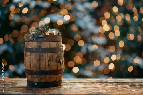 Wooden barrel with glass of mulled wine on bokeh background photo