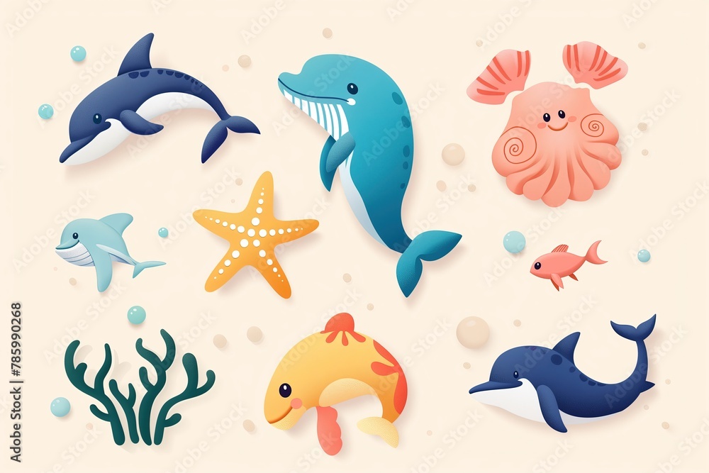 Set of cute cartoon sea animals, illustration in flat style, depicting marine life such as dolphins, whales, starfish, octopuses and seaweed on a beige background.