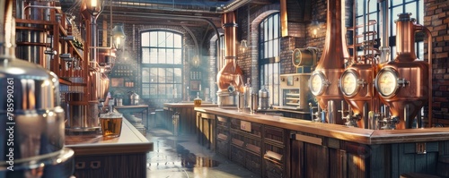 The interior of a modern craft distillery with shining copper stills, pipes, and distillation equipment reflecting sunlight. photo