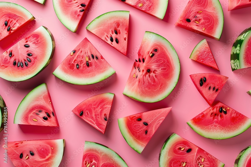 Watermelon slices on a pink background, viewed from above. Presented in a flat lay style. Summer food. Watermelon slices on a pink background, viewed from above. Presented in a flat lay style. Summer food.