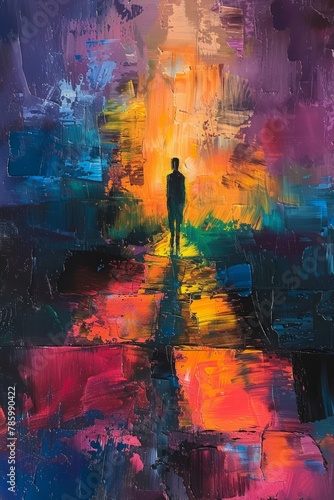 A painting of a person walking down a street with a rainbow in the background