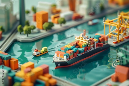 Miniature of large cargo ship carrying many containers from the dockyard to the destination port