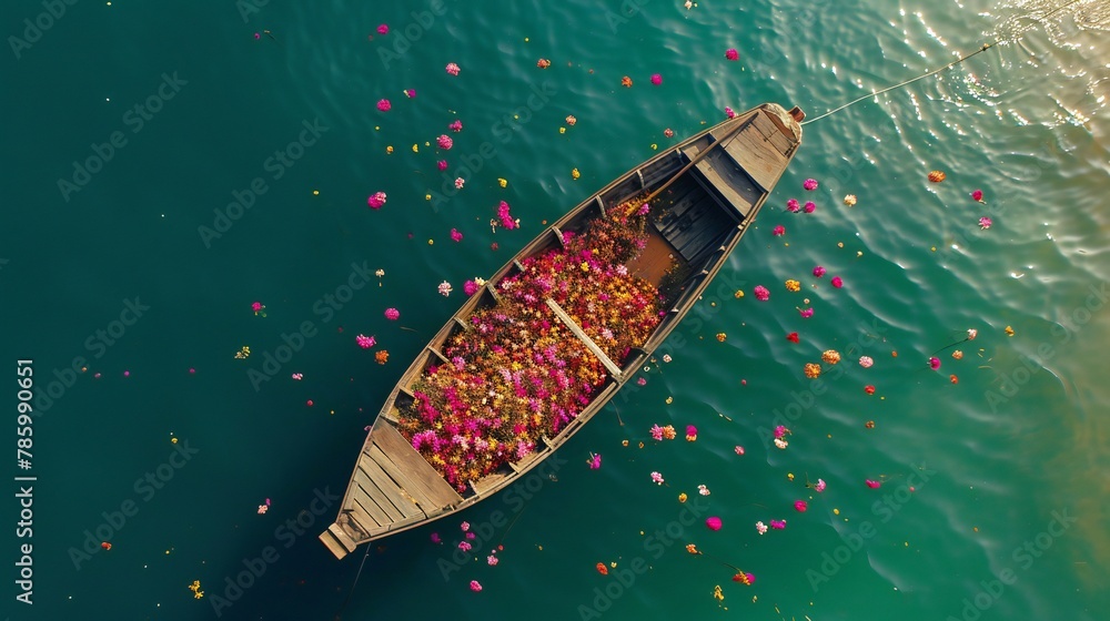 Petal Skiff: Aerial view of a boat, rustic and poetic, adorned with a scattering of flowers, sailing through tranquility.