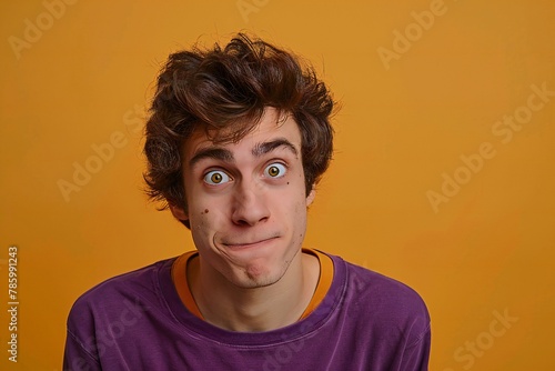 Surprised young man looking at camera, isolated on orange background