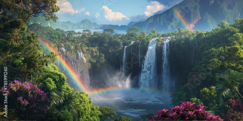A magical scene of a lush  powerful waterfall with a vivid rainbow arching across the mist-filled landscape