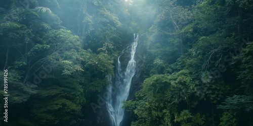 An enigmatic capture of a lofty waterfall plunging through a fog-enshrouded verdant forest, evoking mystery photo