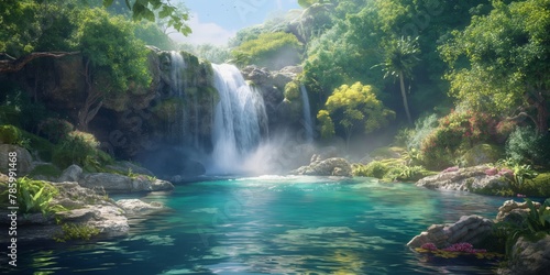 A serene and detailed scene of a picturesque waterfall cascading into a crystal-clear pool in a dense tropical forest