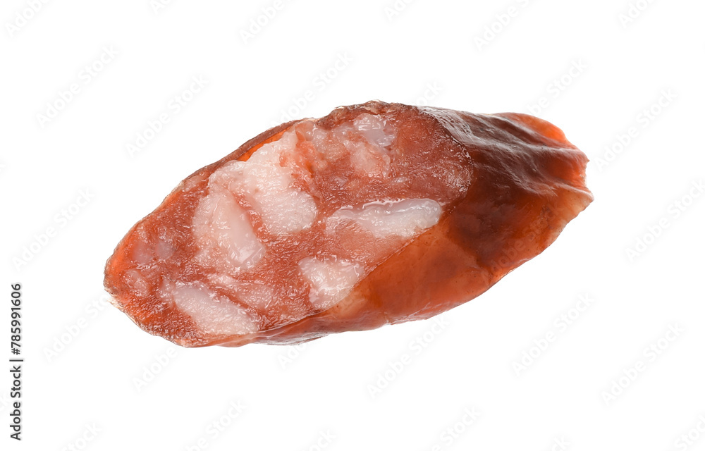 Piece of thin dry smoked sausage isolated on white Piece of thin dry smoked sausage isolated on white
