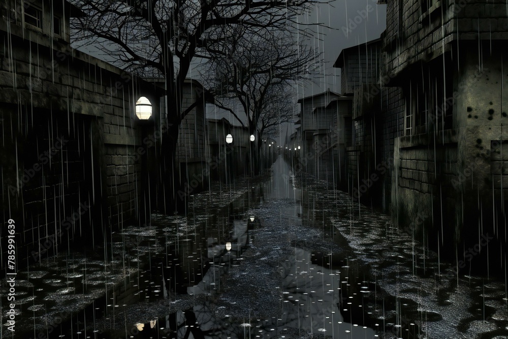  Illustration of a dark alley in a city at night