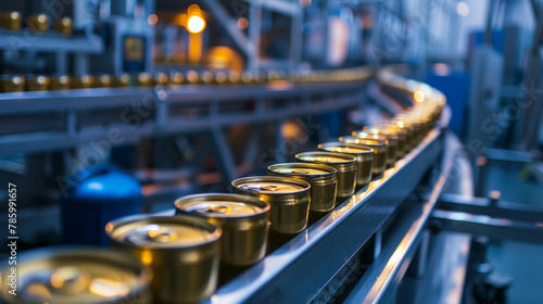 Line of canned food on clean light tinned products factory