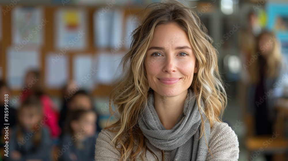 Portrait of a woman schoolteacher in her classroom with kids in blurred ...