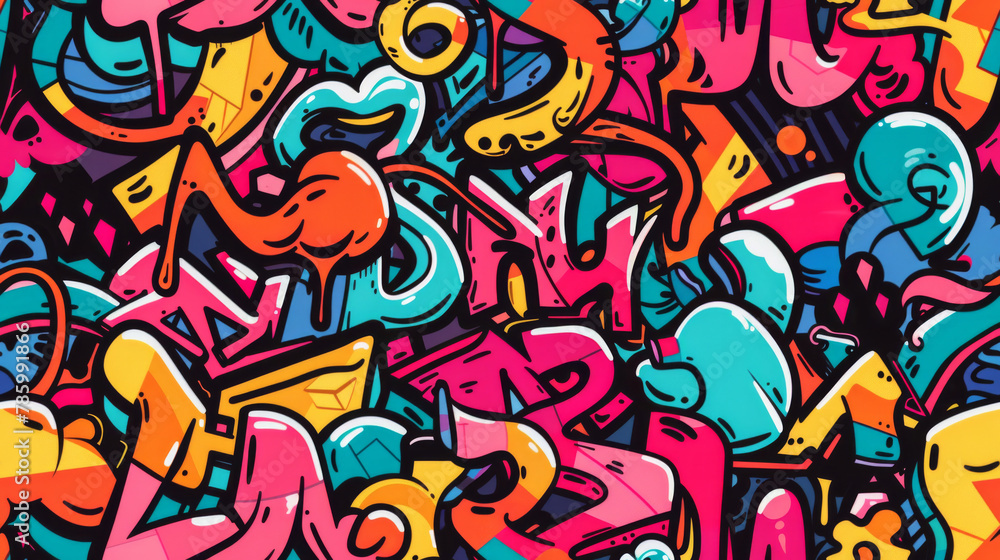Seamless pattern background of Urban Graffiti Art with colorful tags, and street murals inspired by urban street culture and contemporary art movements, capturing energy and creativity of street art Seamless pattern background of Urban Graffiti Art with colorful tags, and street murals inspired by urban street culture and contemporary art movements, capturing energy and creativity of street art