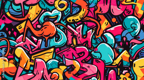 Seamless pattern background of Urban Graffiti Art with colorful tags, and street murals inspired by urban street culture and contemporary art movements, capturing energy and creativity of street art