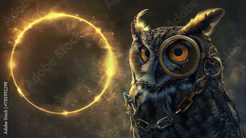 long-eared owl wears monocle staring at us with glowing yellow light as an eclipse in the back photo