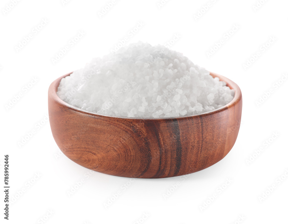 Natural salt in wooden bowl isolated on white Natural salt in wooden bowl isolated on white