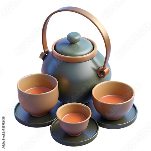 3d teapot with cups isolated on transparent background