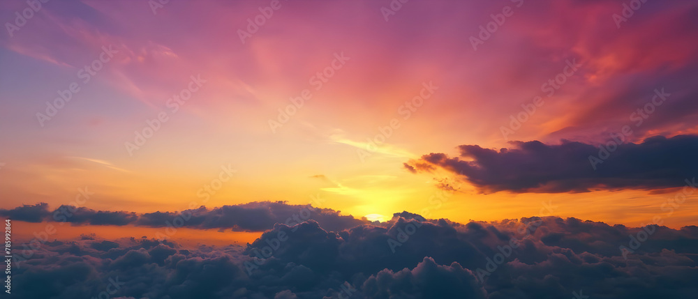 Panorama of Beautiful landscape with clouds and orange sun on sky. Sunset sky clouds background.