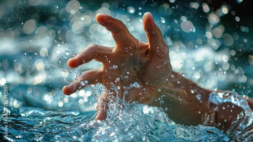 A close-up of a swimmer's hand breaking the surface of the water during a powerful stroke.
